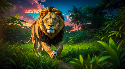 A Lion running in the green jungle, beautiful sky in background, lion exploring the jungle at night