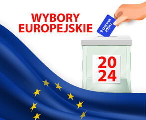 plakat do głosowania w wyborach europejskich w 2024 r. z flagą europejską i urną wyborczą z ręką składającą tam kartę do głosowania - obrazy, fototapety, plakaty