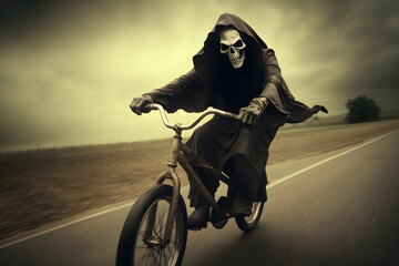 Fototapeta na wymiar Pedaling into Eternity: The Grim Reaper's Bicycle. Generative ai