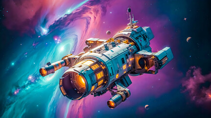 spaceship or spacecraft traveling in space, exploring new galaxies and planets of colorful space vibrant wallpaper