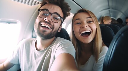 Happy tourist taking selfie inside airplane, generative ai - obrazy, fototapety, plakaty