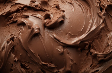 Closeup of dark brown chocolate ice cream. Frozen yogurt macro, Summer delicious refreshment....