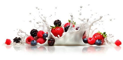 Milk yogurt splash berries on white background , generated AI 
