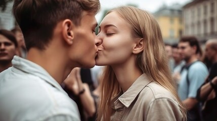 Naklejka premium Love passion relationship emotion concept. Young romantic couple hugging and kissing in a crowded street. Attractive people woman and man standing on a city street full of people. The boyfriend