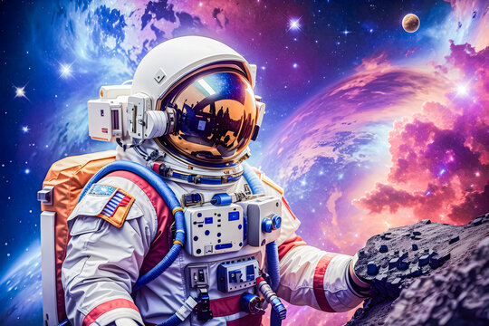 Astronaut wearing a white spacesuit discovering planets and galaxies in space
