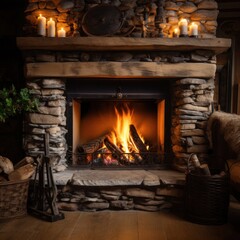 Rustic fireplace with burning logs. Burning firewood in the firebox of the fireplace in the country house.