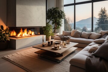 Fototapeta premium Modern minimalist fireplace for fuel lighting in a penthouse apartment.