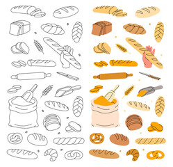 Bakery products for bakery shop design. Breads and pastry vertical banner. Wheat bread, pretzel, ciabatta, croissant, french baguette.