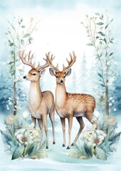 
Christmas card with the image of snow and deer.