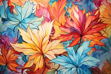 Badezimmer Foto Rückwand colorful maple leaves in acrylic paint on white background Generative AI © SKIMP Art