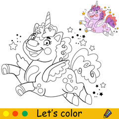 Cartoon fluffy unicorn kids coloring book page vector
