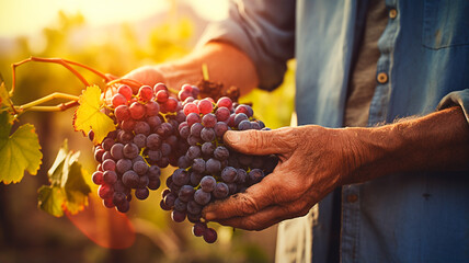 man harvesting grapes at vineyard, sunset.
