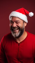 Christmas with bearded, cheerful and charismatic man with red cap. Reddish background.