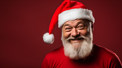 Naklejka premium Christmas with bearded, cheerful and charismatic man with red cap. Reddish background.