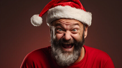 Christmas with bearded, cheerful and charismatic man with red cap. Reddish background.