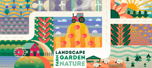 Landscape and garden poster. Farm, agriculture and village concept. Horizontal banner household with water mill and barn, sheep and tractor, wheat field and plants. Cartoon flat vector illustration
