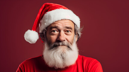 Christmas with bearded, cheerful and charismatic man with red cap. Reddish background.