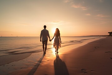 romantic image of a couple at the beach during sunset. 