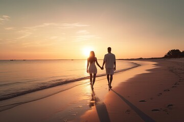 romantic image of a couple at the beach during sunset.  - Powered by Adobe
