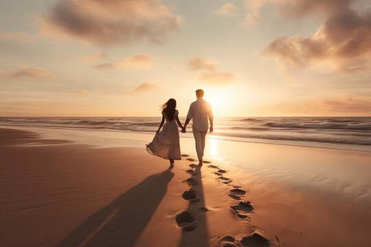 romantic image of a couple at the beach during sunset. 
