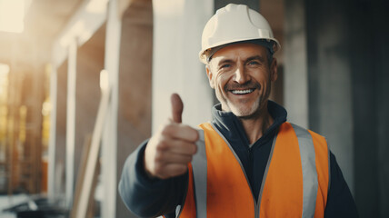 portrait of smiling engineer in helmet showing thumbs up gesture - obrazy, fototapety, plakaty