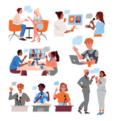 Business people set. Smart characters in office strategize in online meeting and discuss projects, make presentations and discussion. Cartoon flat vector collection isolated on white background