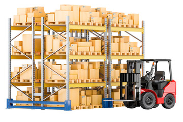 Pallet racks and warehouse forklift truck with cardboard boxes, 3D rendering isolated on transparent background