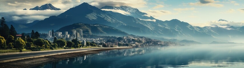 A serene lakeside city nestles at the foot of lush mountains, with a peaceful reflection in the water and a backdrop of dramatic peaks shrouded in clouds.