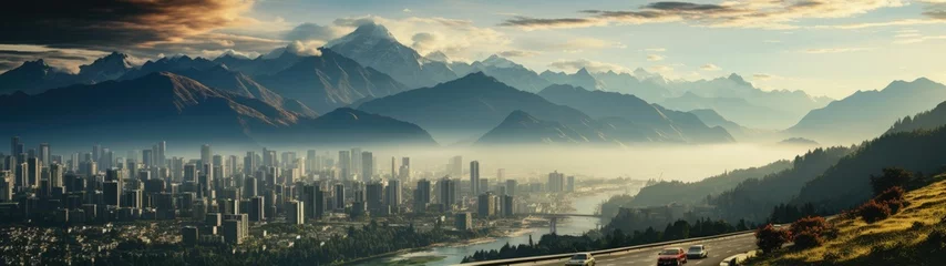 Tuinposter The sun sets behind a city skyline, casting a golden haze over the high-rise buildings with a stunning  majestic mountain range and a highway, panoramic, distant horizon, city's silhouette,  © DigitalArt