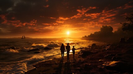 silhouette of a family walking on the sunset beach with a rocky coastline and sailboats in the distance, sunset casting a radiant glow over the water and the sky, waves crashing.