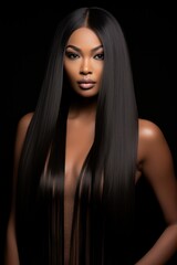 Fototapeta premium Asian woman with long strait hair, advertising black background