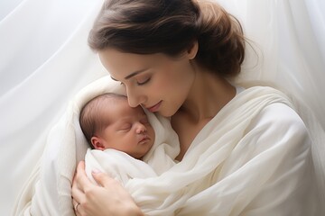 Young mother hugging her sleeping newborn baby, white peacefull textile background