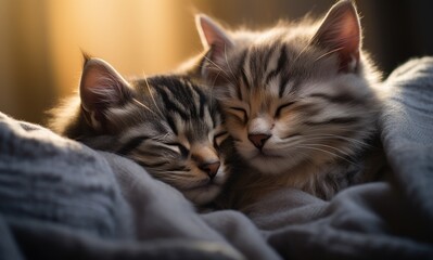 Two kittens hugging and sleeping on a light blanket