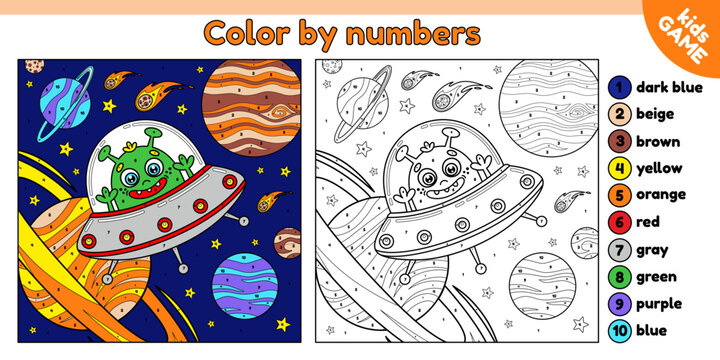 Page of the coloring book by numbers for children. Color cartoon space alien. Extraterrestrial in flying saucer on the background of the planets, stars and comets. Vector contour illustration.