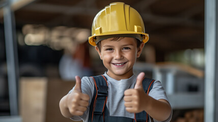 smiling child in helmet showing thumbs up gesture. happy kid in uniform. - obrazy, fototapety, plakaty