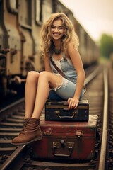Fototapeta na wymiar woman sitting on an old suitcase on the train track.