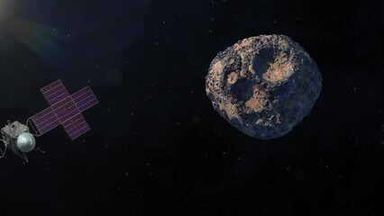 Asteroid Psyche the large nickel-iron core of an early planet. The Psyche spacecraft will arrive at the asteroid in 2029. This video elements furnished by NASA. 