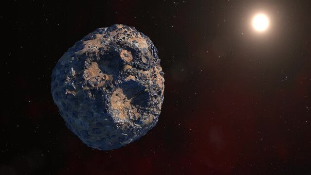 Asteroid Psyche. Asteroid orbiting the Sun between Mars and Jupiter. Psyche mission. Large metallic asteroid. This video elements furnished by NASA.