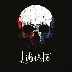 Liberte. T-shirt design of a skull with blue, white and red colors and manual typography on a black background. Ironic illustration about the values of the French revolution.