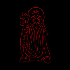 Japanese god of wealth. Fukurokuju. Vector, illustration, sketch, calligraphy, doodle. Red on black. Happiness, luck, holiday, oriental traditions, money. Eps10