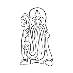 Japanese god of wealth. Fukurokuju. Vector, illustration, sketch, brush, ink. Black on white. Happiness, luck, holiday, congratulations. Eps10