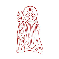 Japanese god of wealth. Fukurokuju. Vector, illustration, sketch, calligraphy, doodle, hand drawing. Red on white. Happiness, luck, holiday, oriental traditions, money. Eps10