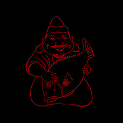 Japanese god of wealth Ebisu. Vector, illustration, sketch, calligraphy, doodle, ink and brush drawing. Red on black. Luck, prosperity, wealth, traditions, money, family. Eps10