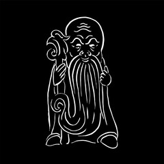 Japanese god of wealth. Fukurokuju. Vector, illustration, sketch, calligraphy, brush, ink. White on black. Happiness, luck, holiday, good wishes, money. Eps10