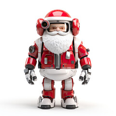 Funny robot android Santa Claus toy Christmas character isolated on white background. AI image illustration. Crazy robots concept