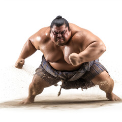 Sumo wrestler in action AI image illustration isolated on white background. Professional sports concept. Body strength  - obrazy, fototapety, plakaty