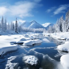 Winter snowy illustrated landscape with frozen creek. New Year's morning. Festive atmosphere on the mountain.