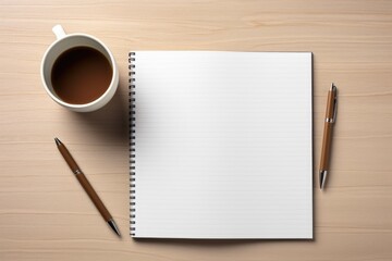 Blank notebook with white sheets, cup of coffee and pens on a wooden table. Business concept - obrazy, fototapety, plakaty