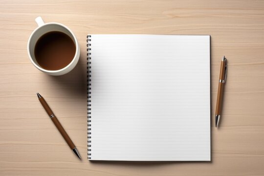 Blank notebook with white sheets, cup of coffee and pens on a wooden table. Business concept