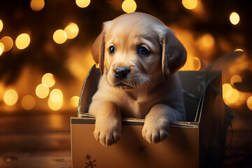 A little puppy is packed in the present box. The perfect Christmas gift under the Christmas tree. Small cute baby animal, cute dog..Minimal concept of christmas - obrazy, fototapety, plakaty